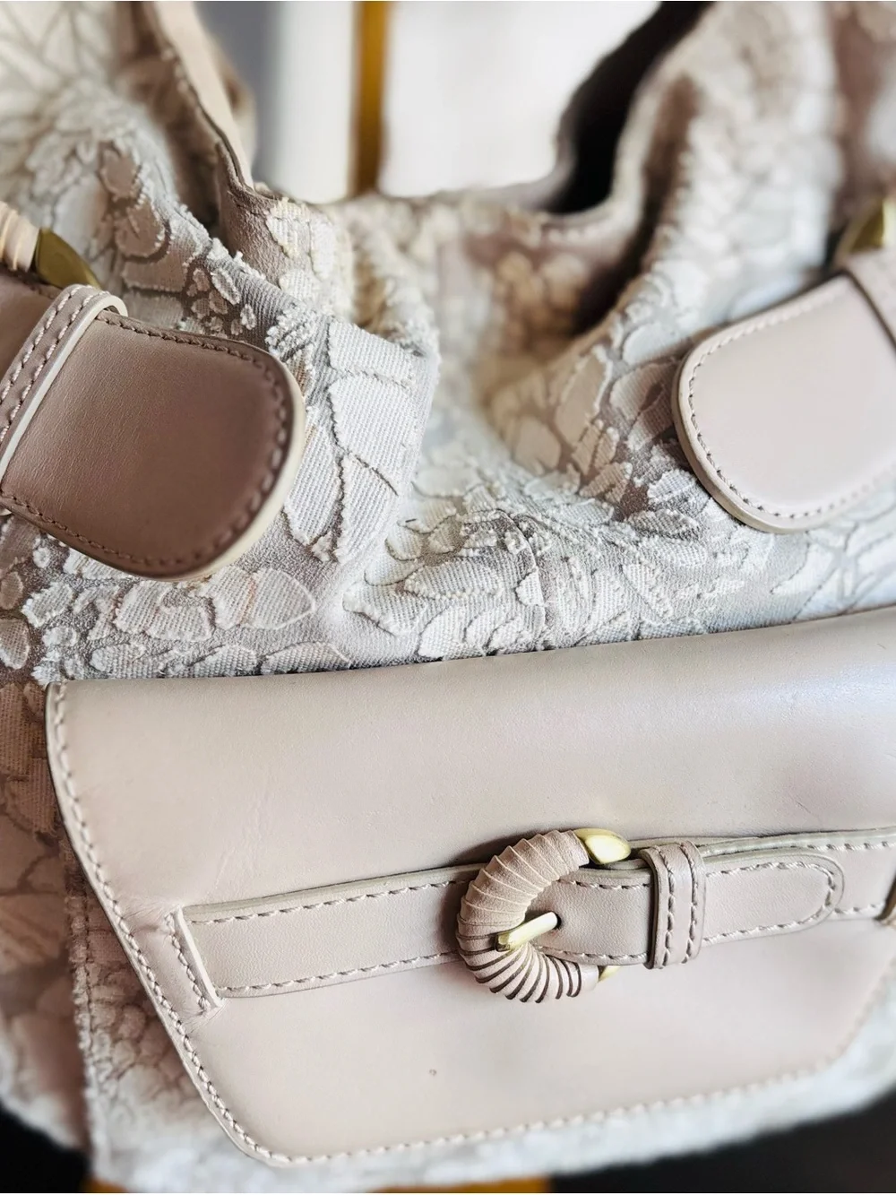 Donald J Pliner Floral Jacquard Hobo Shoulder Bag Taupe Leather Boho